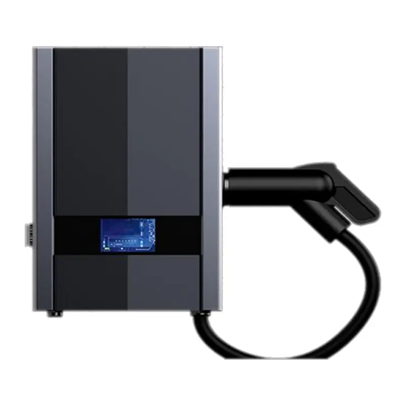 Wall-mounted DC fast charger with touchscreen and charging cable